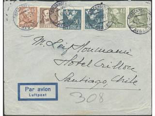 Sweden. Air mail cover Facit 275, 281, 293, 319 , 15+25+2x40+2x90 öre on air mail cover …