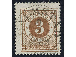 Sweden. Facit 41a used , 3 öre yellowish brown. EXCELLENT cancellation HALMSTAD 9.7.1888.