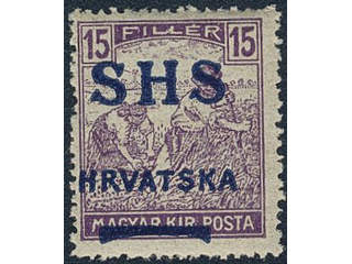 Yugoslavia. Michel 71 ★★, 1916 SHS overprint 15 f violet with heavy misplaced overprint …