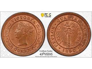 Ceylon Queen Victoria (1837-1901) 1/4 cent 1890, UNC, PCGS MS64RB