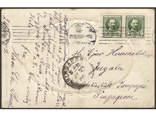 Denmark. Facit 69 cover , 2x5 øre on postcard sent from KJØBENHAVN 26.6.09 to Singapore, …