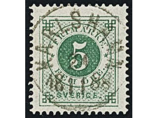 Sweden. Facit 43c used , 5 öre deep green. EXCELLENT cancellation KARLSHAMN 24.11.1888.