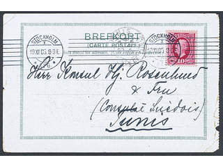 Sweden. Facit 54 cover , 10 öre on postcard sent from STOCKHOLM 19.XII.05 to Tunisia. …