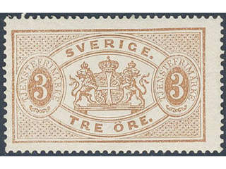Sweden. Official Facit Tj1a ★ , 3 öre orange-brown, perf 14. Fresh copy.