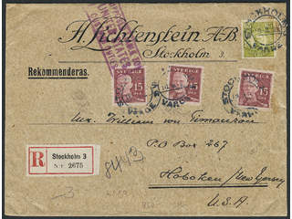 Sweden. Facit 93, 150 cover , 3x15+65 öre on registered cover sent from STOCKHOLM 3 …