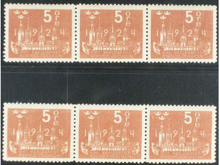Sweden. Facit 196 ★★ , 5 öre red-brown in two very fine strips of three. (2).
