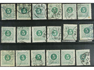 Sweden. Facit 19 used , 5 öre green, eighteen used copies. Shades, varieties, …