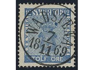 Sweden. Facit 9d3 used , 12 öre light blue, perforation of 1865, with large coloured …