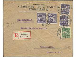 Sweden. Facit 145A, 143A on cover, 5+4x10 öre (one stamp defective) on registered cover …