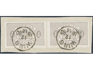 Sweden. Official Facit Tj2b on piece , 4 öre light grey, perf 14, pair on cut piece. …