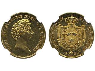 Coins, Sweden. Karl XIV Johan, SM 33, 1 dukat 1838. Graded MS62 by NGC. 01/0.