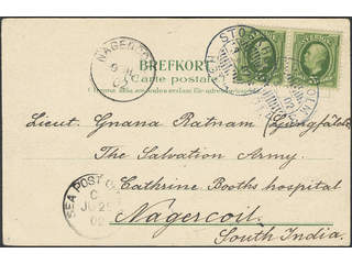Sweden. Facit 52 on cover, 2×5 öre on postcard sent from STOCKHOLM 13.6.02 to NAGERCOIL …