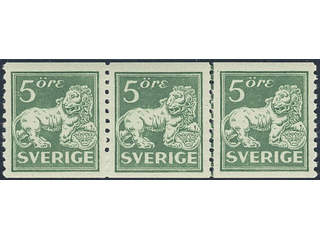 Sweden. Facit 140A ★★ , 5 öre green, type I, perf on two sides in strip of three. …