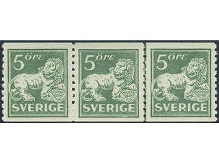 Sweden. Facit 140A ★★, 5 öre green, type I, perf on two sides in strip of three. …