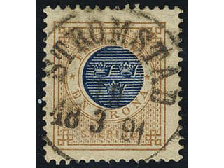 Sweden. Facit 49 used , 1 Krona brown/blue. EXCELLENT cancellation STRÖMSTAD 19.3.1891.