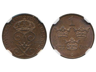 Coins, Sweden. Gustav V, MIS I.15, 1 öre 1925. Graded by NGC as MS64 BN. 01/0.