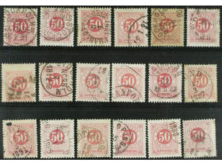 Sweden. Facit 48 used , 50 öre red, eighteen used copies. Shades, varieties, …