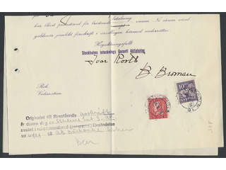 Sweden. Facit 145A, 176A cover, 10+15 öre as fee on certified copy of content cancelled …
