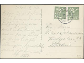 Sweden. Facit 324BC cover , 1940 Carl Michael Bellman 5 öre green, pair 3+4 on postcard …