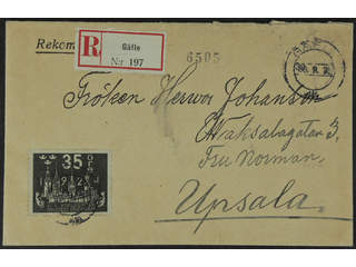 Sweden. Facit 202 cover , 35 öre on registered cover sent from GÄFLE 30.9.25 to Uppsala. …