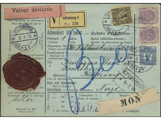 Sweden. Facit 74, 77, 85 cover , 2x4+20 öre + 1 kr on address card for insured parcel …