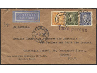 Sweden. Air mail cover Facit 181, 183, 190 , 20+25+40 öre on insufficiently prepaid air …