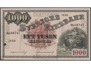 Banknotes, Sweden. SF X6:4, 1000 kronor 1939. Specimen, cancelled with hole at left and …
