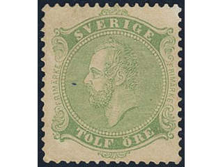 Sweden. Facit 16, 99 (★), C A Nymans proposal stamp TOLF öre in yellow green colour with …