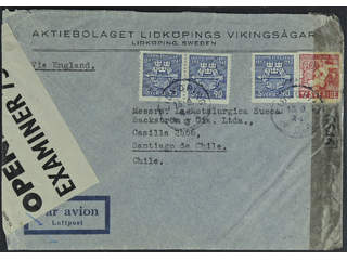Sweden. Facit 348, 352 cover, 60+3×90 öre on censored air mail cover sent from LIDKÖPING …