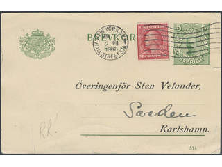 Sweden. Postal stationery, Double postcard, Facit bKd17, Reply part 5 öre additionally …