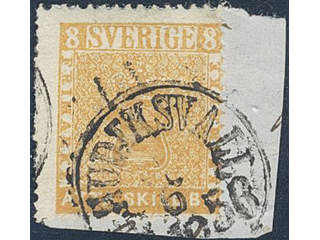 Sweden. Facit 4b on piece , 8 skill brownish orange. Cut piece cancelled HUDIKSVALL …