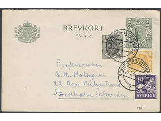 Sweden. Postal stationery, double postcard Facit bKd18, 71, 72, 146A , Reply part 7 öre …