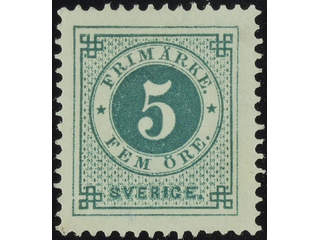 Sweden. Facit 43d ★ , 5 öre dark green on yellowish paper. Small thin spot.