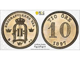 Sverige  Oscar II (1872-1907) 10 öre 1897, 01/0, PCGS MS62