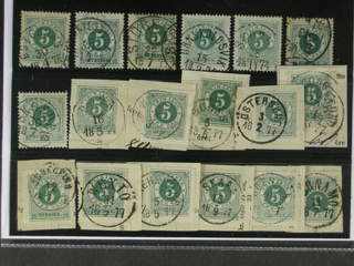 Sweden. Facit 19 used , 5 öre green, eighteen used copies, incl. on cut pieces. Shades, …