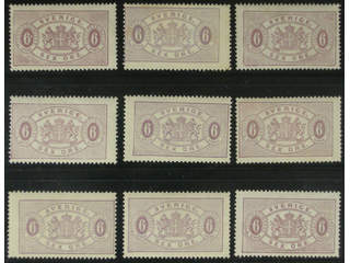 Sweden. Official Facit Tj15 ★ , 6 öre violet, perf 13, nine unused copies. Shades, …