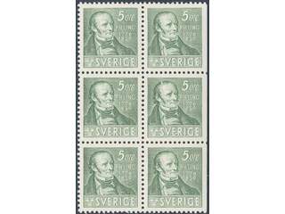 Sweden. Facit 318CB ★★ , 1939 Per Henrik Ling 5 öre green, three pairs 4+3 in block of …