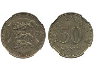 Coins, Estonia. KM 18, 50 senti 1936. Graded by NGC as AU55. XF.