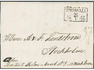 Sweden. Y county. SUNDSVALL 26.1.1846, rectangular postmark. type 2 on cover sent to …