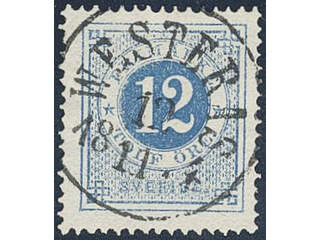 Sweden. Facit 21m used , 12 öre blue. EXCELLENT cancellation WESTERÅS 12.11.1874.