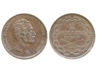 Coins, Sweden. Oskar I, MIS 1, 2 skilling banco 1844. Beautiful example with some hints …