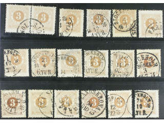 Sweden. Facit 17 used , 3 öre brown, eighteen used copies. Shades, varieties, …