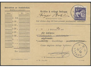Sweden. Facit 146A cover , 10 öre on receipt, form no, 77 (aug.30) "Kvitto å erlagt …