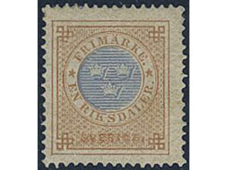 Sweden. Facit 27c ★, 1 Riksdaler yellowish brown/ultramarine. Weakly bent corner perfs. …