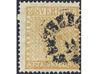 Sweden. Facit 4f used , 8 skill dull yellow-orange, dense background on medium thick …