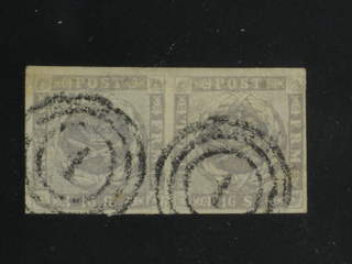 Denmark. Facit 6 used , 1857 Skilling 16S. grey-violet in beautiful pair cancelled "1". …