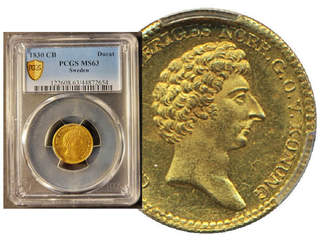 Coins, Sweden. Karl XIV Johan, MIS II.1, 1 dukat 1830. Single finest graded by PCGS as …