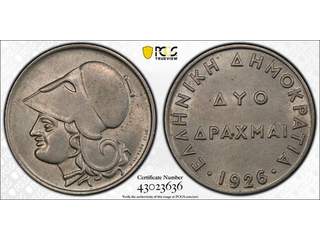 Grekland 2 drachmai 1926, PCGS AU58