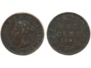 Coins, Canada. KM 7, 1 cent 1891. Small date, large leaves. VG-F.