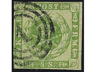 Denmark. Facit 8 used , 1858 Otandade, våglinjerad bakgrund 8S grön. SEK 1400